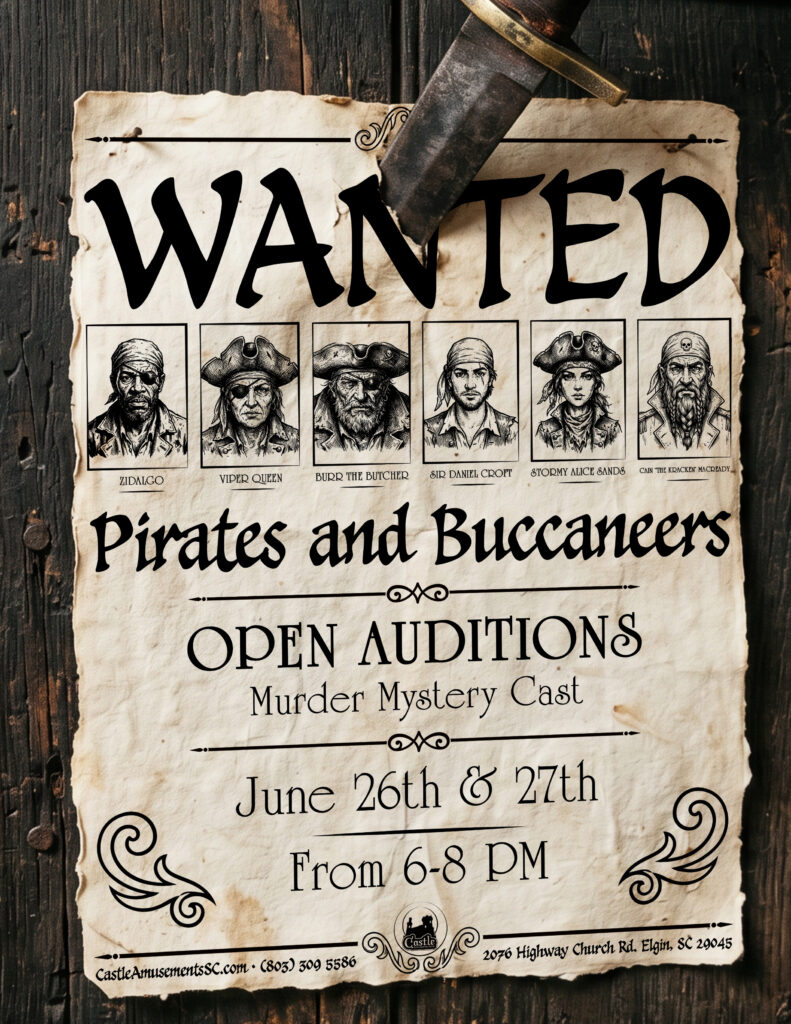 Wanted: Pirates and Buccaneers. We're holding a casting call with open auditions on June 26th and 27th from 6PM to 8PM. Join our murder mystery cast and be a part of a fun and safe environment providing quality entertainment for the whole family. 2076 Highway Church Rd. Elgin, SC 29045. (803) 308 5586. CastleAmusementsSC.com